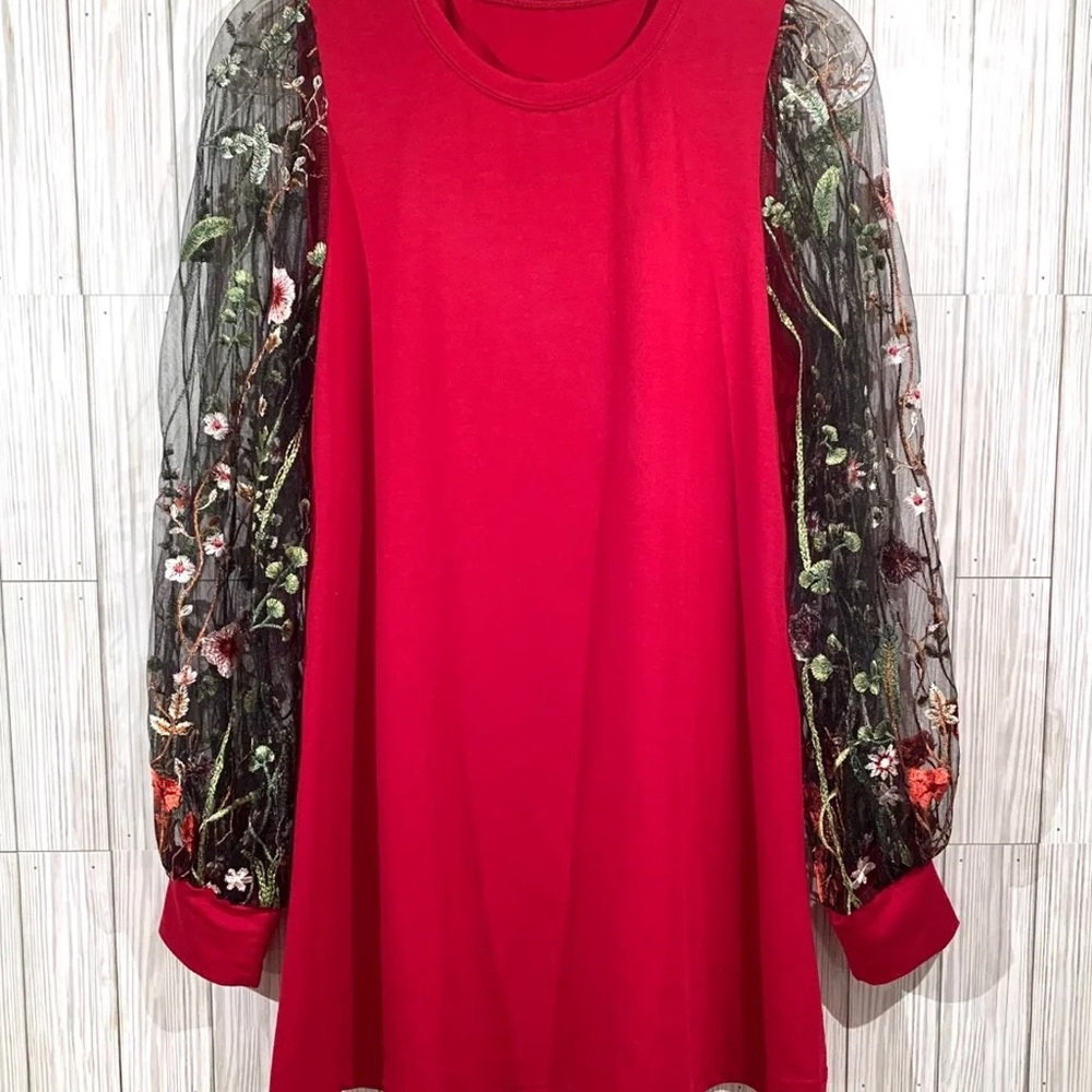 Embroidered Long Sleeve Sheer Mesh Tunic Dress
